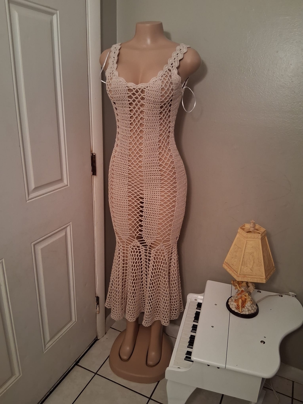 Handmade Cream Crochet Mermaid Midi Dress
